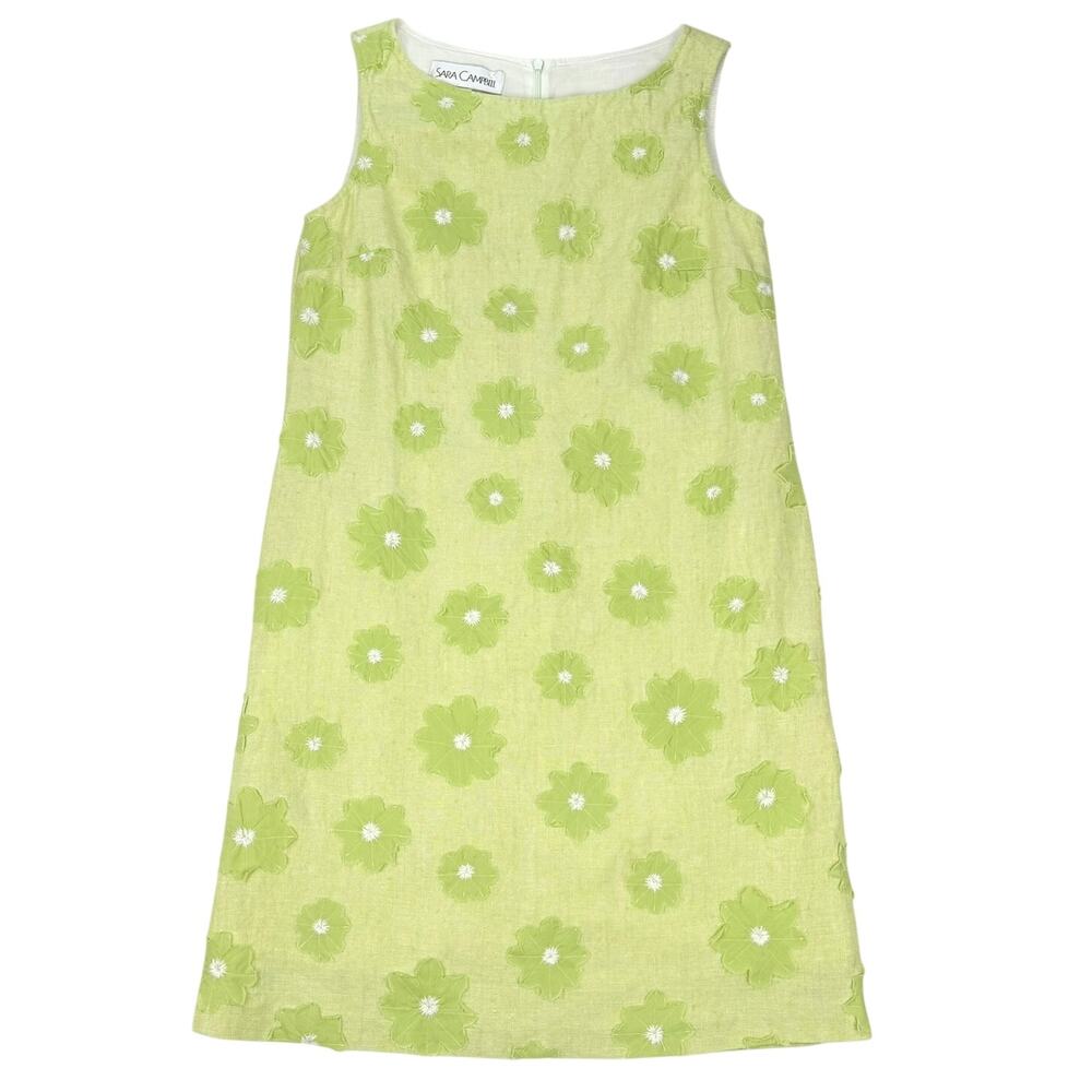 Sara Campbell Linen Blend Floral Shift Dress Made in USA Lime Green Size 6